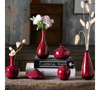 Mowtanco Red Ceramic Bud Vases, Set of 6 Small Glazed Pottery Vases for Floral Arrangements, Decorative Rustic Vases for Modern Farmhouse Home Decor, Living Room, Dining Table Centerpieces