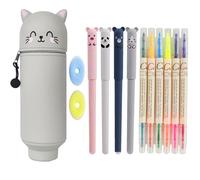 Mowtential 13 PCS 2-in-1 Soft Silicone Pencil Case Set, Portable Pencil Case with Cord, Retractable Large Capacity, Zipper, Easy to Store School Supplies, Grey, pencil case