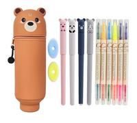 Mowtential 13 PCS 2-in-1 Soft Silicone Pencil Case Set, Portable Pencil Case with Cord, Retractable Large Capacity, Zipper, Easy to Store School Supplies, Brown, pencil case