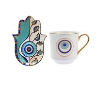 MOWUQEEN Ceramic Coffee Cups, Evil Eye cups Coffee Mug,Turkish Mug，Hamsa Hand Designed Set of Cups And Saucers Coffee Cups Set, Ceramic Coffee Mug Tea Cup (DY-Devil's Eye Cup-F)