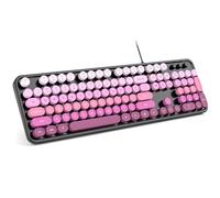 MOWUX Computer Keyboard Wired, Plug and Play USB Retro Round Typewriter Keyboard, Full Size Wired Keyboard with Foldable Stands for Laptop and Office PC- Black Pink Gradient