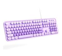 MOWUX Large Print Keyboard Wired, Full Size Wired Retro Round Keyboard with Foldable Stands, Plug and Play for Laptop and Office PC- Purple Colorful
