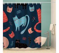 MOXINO 3D Cat Printed Shower Curtain Mould Proof 180x180 cm 100% Polyester Fabric Mildew Resistant Cartoon Cat Bathroom Curtains Waterproof Washable with 12 Hooks（Pattern 28-5）