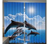 MOXINO 3D Dolphin Blackout Curtains 2 Panels 29.5" W x 65.4" Drape Eyelet Thermal Insulated Polyester Fabric Window Drapes Ocean Curtains for bedroom Living Room（pattern 3-20）