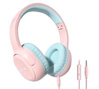 MOXKING Kids Headphones, Wired Headphones for Kids Over Ear with Microphone, Safe Volume Limiter Headphone for Girls Boys, 3.5mm Jack Foldable Headphone for Learning & Entertainment, Pink