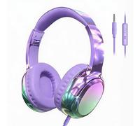 MOXKING Kids Wired Headphones with Microphone, Foldable Over-Ear Headset for Toddlers, Children and Adults, Adjustable Stereo Headphones for School, Travel and Study (Purple)