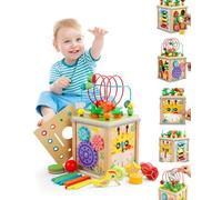 MOXTOYU Wooden Activity Cube Baby Toys, 10-in-1 Montessori Educational Toy Set for 1-3 Year Old Boys & Girls, Maze, Shape Sorter, Rotating Gear Xylophone Words & Clock Learning, 1st Gifts for Toddler