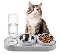 MOXYOY 3 in 1 Cat Bowl, Raised Cat Food And Water Bowl Set with Water Dispenser, Stainless Steel Bowls with Stand Tilted 15°, Non-Slip Kitten Feeding Bowls For Cats & Dogs (Grey)