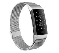 Moydolo Compatible with Fitbit Charge 3 Strap/Fitbit Charge 4 Strap, Men Women Stainless Steel Metal Adjustable Magnetic Lock Loop Mesh Replacement Band for Charge3/Charge 4/Charge 3 SE, Large Silver