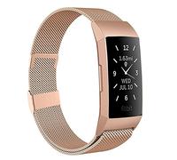 Moydolo Compatible with Fitbit Charge 3 Strap/Fitbit Charge 4 Strap, Men Women Stainless Steel Metal Adjustable Magnetic Loop Mesh Replacement Band for Charge3/Charge 4/Charge 3 SE, Large Rose Gold