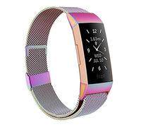 Moydolo Compatible with Fitbit Charge 3 Strap/Fitbit Charge 4 Strap, Men Women Stainless Steel Metal Adjustable Magnetic Lock Loop Mesh Replacement Band for Charge3/Charge 4/Charge 3 SE,Large Colorful