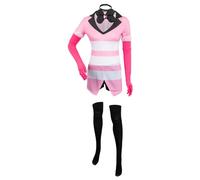 MOYGOR Angel Dust Cosplay Costume Hazbin Hotel Costume Womens Pink Dress with Stocking Gloves and Collar Anime Cosplay Halloween Carnival Suit