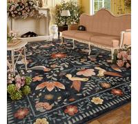 Moynesa Area Rugs 9x12 Black Folk Art Home Decor, Modern Transitional Aesthetic Floral Bird Medallion Carpet for for Living Room Bedroom Dining Room,Non-Slip Washable Floor Protection