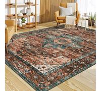 Moynesa Ultra-Thin Vintage Area Rug - 6x9 Washable Bedroom Rug Large Living Room Rug Non-Slip Dining Room Mat, Oriental Printed Low Pile Nursery Carpet for Office Kitchen Entryway, Brick Red/Dull Teal