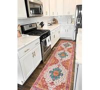 Moynesa Ultra-Thin Washable Rug - 2'6" x 10' Pink Long Hallway Carpet, Vintage Non Skid Non Shedding Low Pile Bedroom Mat for Girl's Room, Bathroom, Kitchen