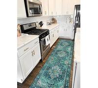 Moynesa Ultra-Thin Washable Runner Rug - 2'6" x 10' Teal Runners for Hallways Stair Carpet Runner, Oriental Non Skid Non Shedding Low Pile Kitchen Mat for Bedroom Mudroom Hardwood Floor
