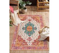 Moynesa Ultra-Thin Washable Vintage Area Rug - 3x5 Boho Girls Bedroom Non-Slip Non-Shedding Oriental Medallion Living Room Mat Indoor Carpet for Office Nursery Room, Pink/Teal/Multi