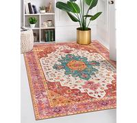 Moynesa Ultra-Thin Washable Vintage Area Rug - 5x7 Large Bedroom Boho Non-Slip Non-Shedding Living Room Mat Oriental Medallion Floor Carpet for Kids Nursery Room Office, Pink/Teal/Multi