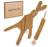 MOYO Baby Gift Set Muslin - High-Quality Set of Cuddly Rabbit and Dummy Chain, as a Gift for Birth Boy and Girl, Comfort Blanket and Baby Chain, Climate Neutral (Brown)