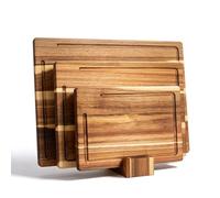 MoYouno 3-Piece Acacia Cutting Board Set,Wooden Chopping Boards for Kitchen,3 Sizes-Holder Kitchen Cutting Boards Set with Stand,Butcher Block Wooden Trays for Meat, Fruit Vegetable and Cheese (Brown)