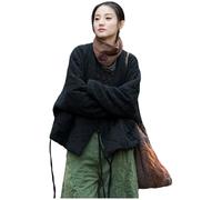 MOYUYUNJIAN Vintage Diamond Quilted Cotton Linen Jacket Coat Women's Loose Fit V Neck Drawstring Kimono Cardigan, Black, One size