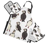 Moyyo Apron Set with 2 Oven Gloves and 2 Pot Holders Cute Puffin Sea Bird Adjustable Apron with Pockets Suitable for Women Men Waterproof Apron for Kitchen Gardening Cooking BBQ Baking
