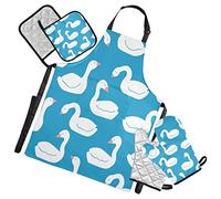 Moyyo Apron Set with 2 Oven Gloves and 2 Pot Holders White Swan Blue Adjustable Apron with Pockets Suitable for Women Men Waterproof Apron for Kitchen Gardening Cooking BBQ Baking