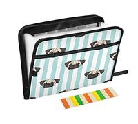 Moyyo Cute Pug Dog Heads on Blue White Stripe Expandable File Organiser with 13 Pockets and Tabs, Document Organiser Folders for Paperwork A4, Expanding File Holder Document Wallet for Travel Office S