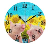 Moyyo Sunflower Funny Pig Wall Clock Silent Non Ticking Wall Clock Modern Round Frameless Decorative Home Wall Clock for Living Room Kitchen Bedroom Office School Classroom Farmhouse Kids