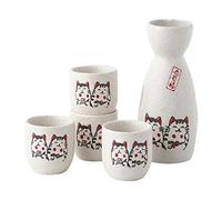 Mozacona Ceramic Lucky Cat Japanese Sake Set,1 Tokkuri Bottle and 4 Ochoko Cups
