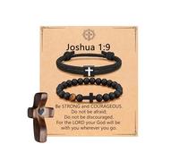 MOZAKA 2PCS Cross Bracelets for Men, 1PCS Wooden Cross My Heart - Religious Christian Gifts Adjustable Men Bracelet Beads Jewelry for Birthday Christmas Easter Baptism Stocking Stuffers, L, Stone, No