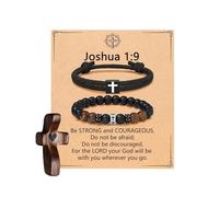 MOZAKA 2PCS Cross Bracelets for Men, 1PCS Wooden Cross My Heart - Religious Christian Gifts Adjustable Men Bracelet Beads Jewelry for Birthday Christmas Easter Baptism Stocking Stuffers, L, Stone, No