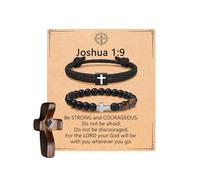 MOZAKA 2PCS Cross Bracelets for Men, 1PCS Wooden Cross My Heart - Religious Christian Gifts Adjustable Men Bracelet Beads Jewelry for Birthday Christmas Easter Baptism Stocking Stuffers, L, Stone, no