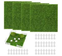 Mozeat Lens 4 Pcs Grass Lawn Artificial Grass Mat with 4 Pcs Garden Fence 15x15 cm Artificial Lawn Life-Like Fairy Miniature Garden Decoration For Micro Landscape Terrace