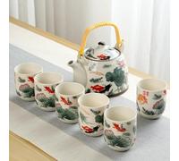 MOZEO 34oz Large Ceramic Tea Maker with Stainless Steel Infuser for Loose Leaf Tea or Bags, Tilting Pot, Floral Lotus Design, 1000ml/33.8oz Teapot, 6pcs 6oz Cups