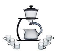MOZEO Glass Teapot Set Semi Automatic Drip Rotating with Infuser Lazy Kungfu Tea Pot Set Heat Resistant Tea Set (Grey Set)