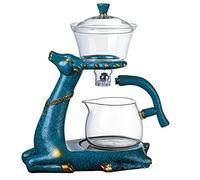 Mozeo Heat-Resistant Kungfu Glass Tea Set with Heater Attract Water Diversion Rotating Cover Bowl Lazy Semi-Automatic Deer Glass Teapot (Blue Deer Without Tea Cups)