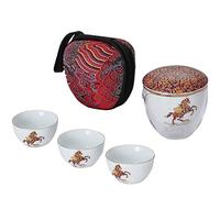 Mozeo Portable Ceramic Tea Set, Chinese Kungfu Porcelain Teapot Set, All-in-one Teapot, Tea Strainer - 3 Teacups - 1 Storage Bag - Suitable for Outdoor, Travel, Picnic, Office Work, Home (Horse)