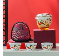 Mozeo Portable Ceramic Tea Set, Chinese Kungfu Porcelain Teapot Set, All-in-one Teapot, Tea Strainer - 3 Teacups - 1 Storage Bag - Suitable for Outdoor, Travel, Picnic, Office Work, Home (Persimmon)