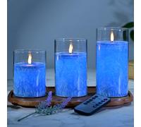 MozkeTo19 Blue Glass Real Wax Flameless Candles Flickering, with Remote & Timer - Fake Candles Flickering Light, Battery Operated LED Pillar Candles