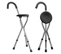 MP Essentials Lightweight Portable Folding Walking Stick with Chair Seat Cane with Anti Slip Rubber Feet and Adjustable Height | Disability Elderly Walking Aid Support (Black, One Size - Adjustable)