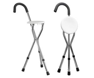 MP Essentials Lightweight Portable Folding Walking Stick with Chair Seat Cane with Anti Slip Rubber Feet and Adjustable Height | Disability Elderly Walking Aid Support (White, One Size - Adjustable)
