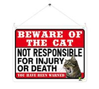 MP365 BEWARE Of the cat, Not responsible for injury or death,You have been warned. Funny Novelty Retro Vintage Metal Wall Sign Plaque 20cm x 15cm | Gag Gift for Cat Lovers | Door & Gate Warning Decor