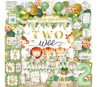 Mpanwen Green two wild Birthday Decorations for Boys, 133 Pcs Safari Jungle Theme Party supplies for 1st Girl Baby - Backdrop, Tablecloth, Palm Leaves, Centerpieces, Crown, Poster, Wall Signs, Blocks
