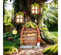 MplehDa Fairy Door Cabin Set of 4 Miniature Fairy Garden Outdoor Statues Window Door Fairies Gnomes Decor Garden Sculpture Statues Figurines Glow In The Dark House