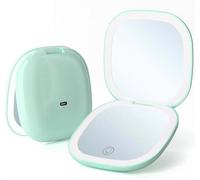 Mpowtech Compact Mirror with LED Light - 3.9 Inches Lighted Travel Makeup Mirror with 1X/10X Magnifying Double Sided Dimmable USB Rechargeable Compact Mirror for Purse,Pocket,Travel,Green