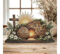 Mppchhn Wooden Easter Decorations - Empty Tomb Scene Set With Jesus Cross Figurine, Rustic Brown Resurrection Tray For Tabletop Decor | Christian He Is Risen Ornament For Home Office Shelf