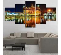 MPPSU Night-Light-Landscape-Famous-Indian-Landmark-Sikh-Gurdwara-Golden-Temple 5 Piece Pictures Prints Large Canvas Wall Art For Living Room Modern Framed Artwork 150Cm×80Cm