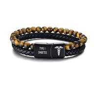 MPRAINBOW Type 2 Diabetes Medical Alert Punk Hip-pop Stainless Steel Magnet Clasp+Braided Leather+ Natural Tiger Eye Beads Wrap Bracelet for Men Women
