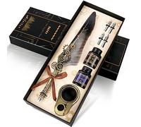 MPRINCE Feather Pen ink Set,Calligraphy Pen Set,Includes Quill Pen,2 Bottles of Color ink,2 in one Holder,4 Stainless Steel Nibs,Black Gift Box-Grey